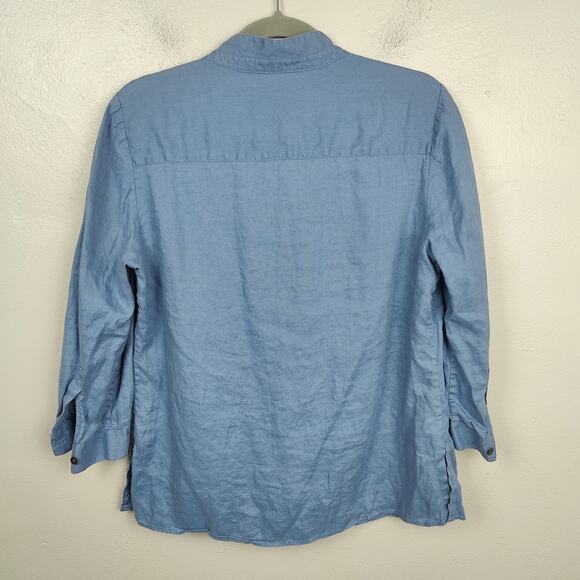 Ann Taylor Linen Top Womens 10 Blue Split Neck 3/4 Sleeve Preppy Beachy Light - Picture 6 of 9